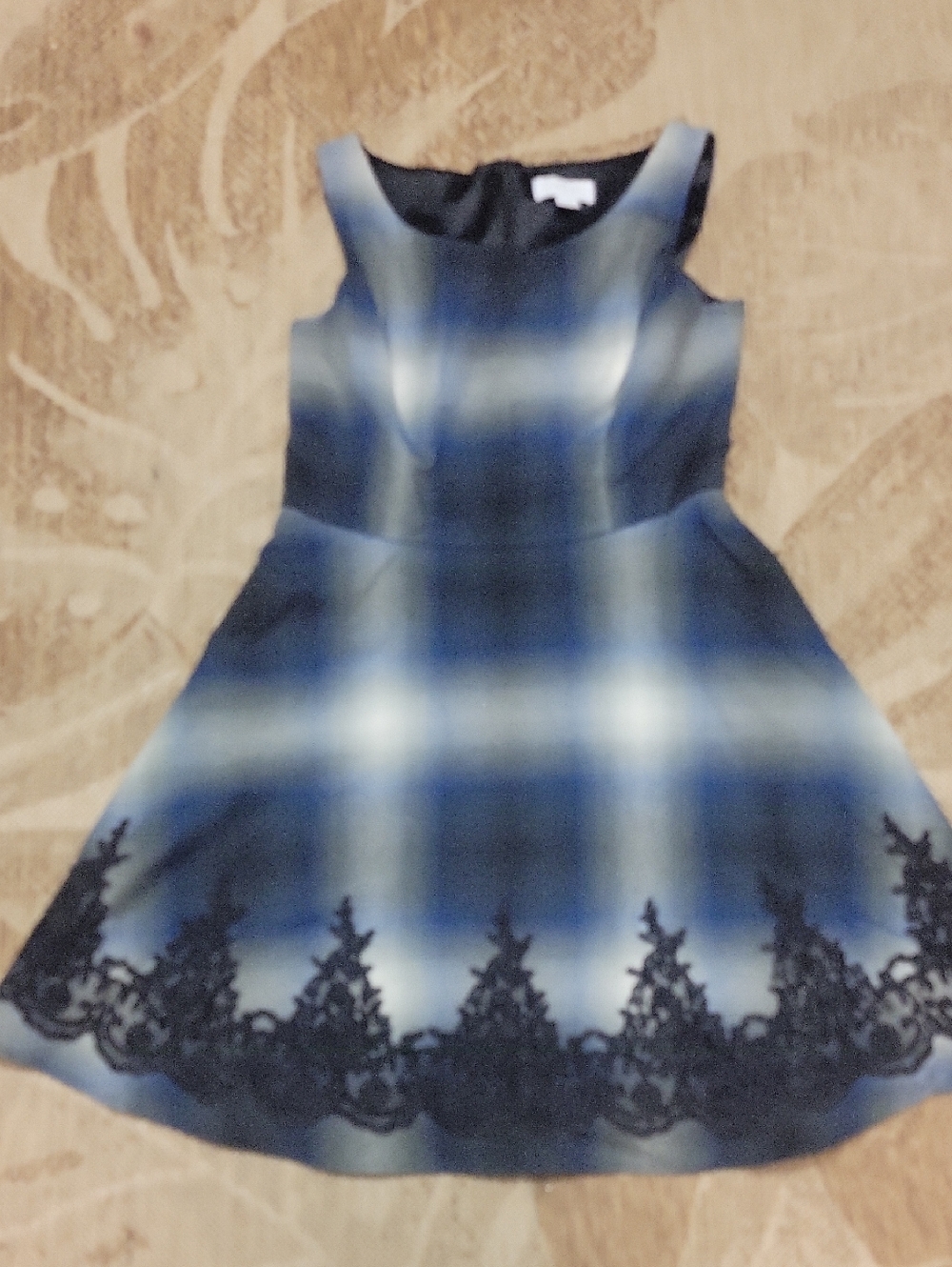 Jessica Simpson Blue Plaid Fit & Flare Dress with Black Lace Trim